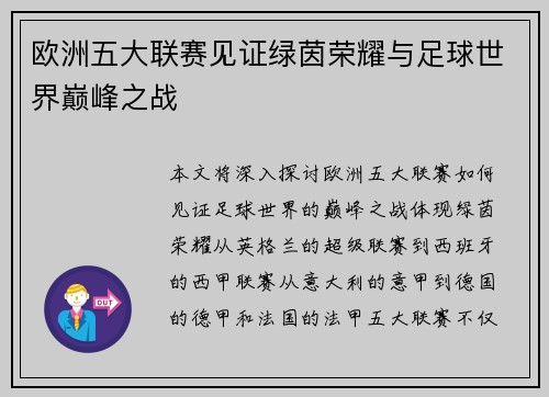 欧洲五大联赛见证绿茵荣耀与足球世界巅峰之战