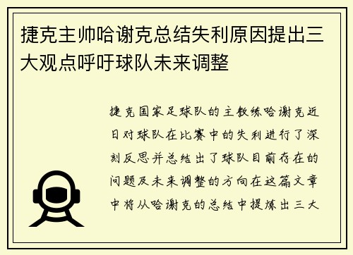 捷克主帅哈谢克总结失利原因提出三大观点呼吁球队未来调整